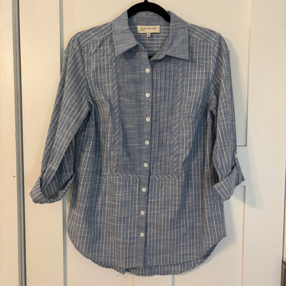 Striped Cotton Shirt - Small - Blue/White Tuxedo Bib Roll Tab Sleeve Coastal